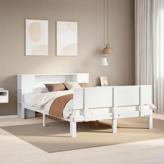 vidaXL Seng 160x200 cm fyrretræ hvid med bogreol