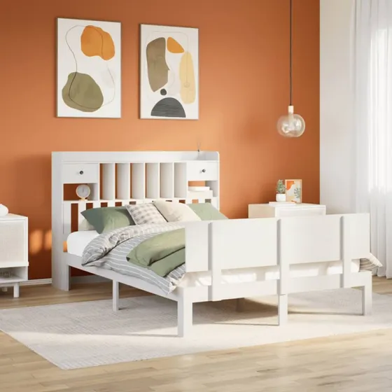 vidaXL Seng 160x200 cm med bogreol i fyrretræ, hvid
