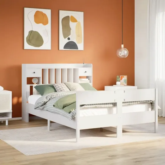 vidaXL Seng med Reol 135x190 cm, Massivt Fyrretræ, Hvid
