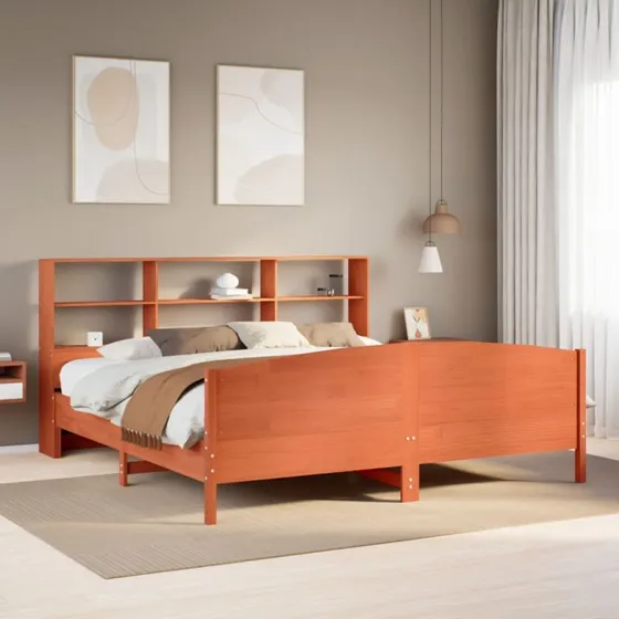 vidaXL Seng med Reol 200x200cm Massivt Fyrretræ Gyldenbrun
