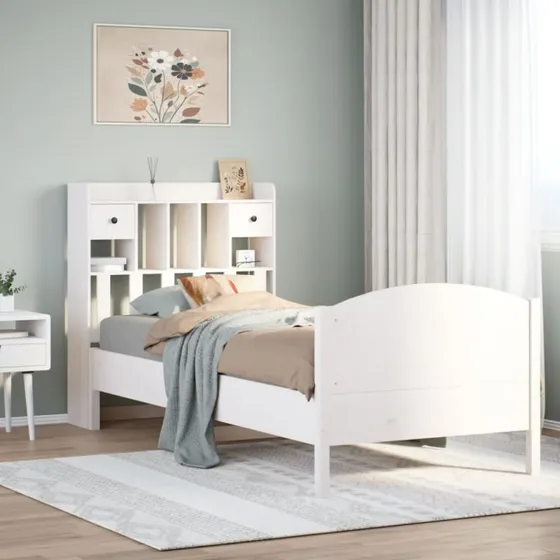 vidaXL Seng med reol 90x200 cm hvid fyrretræ