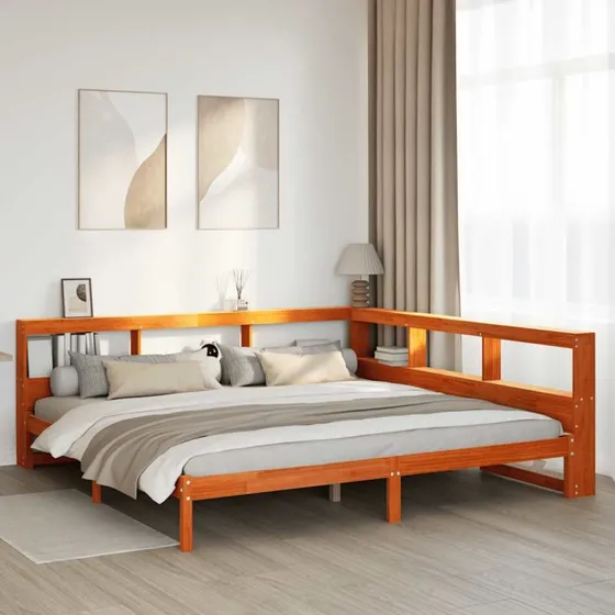 vidaXL seng 200x200cm fyrretræ gyldenbrun med reol