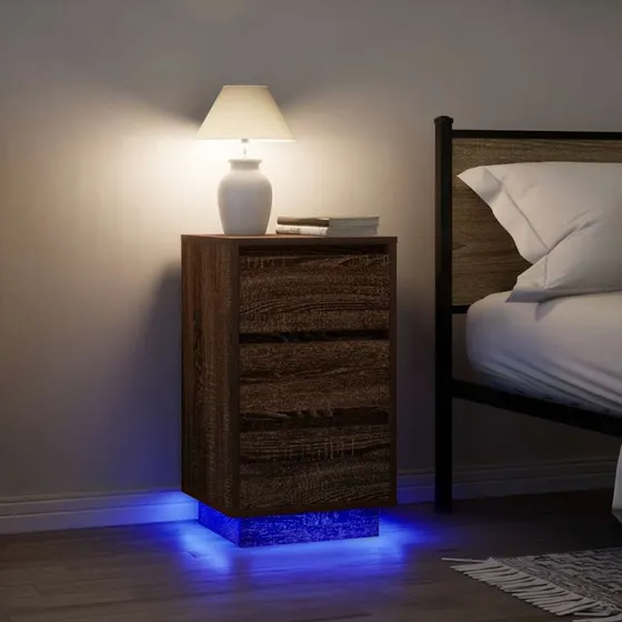 vidaXL Sengeborde med LED-lys 38x34x65 cm brun egetræsfarve