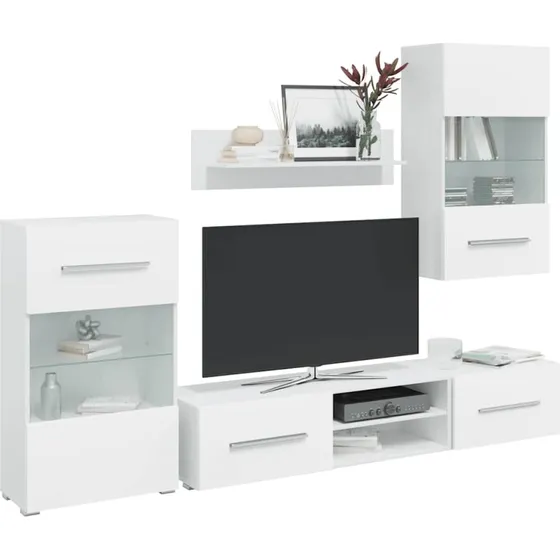 vidaXL TV-skabe i 5 dele med LED-belysning, konstrueret træ, mat hvid