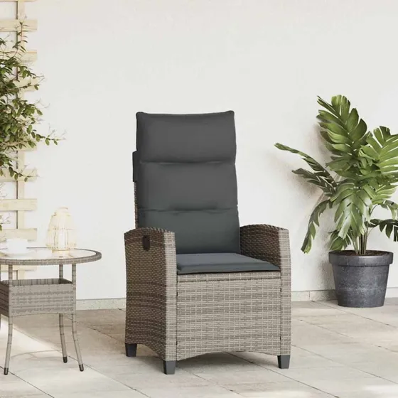 vidaXL Havestol med Lænefunktion og Sidebord, Grå Polyrattan