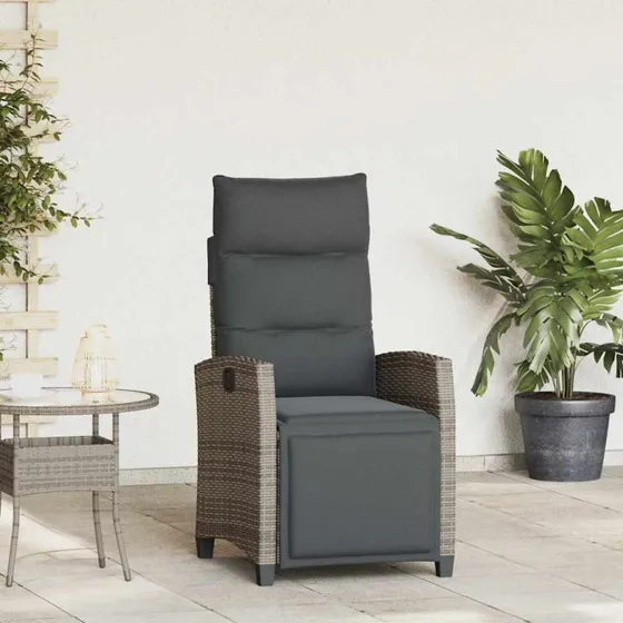 vidaXL Havestol med lænefunktion og sidebord polyrattan grå