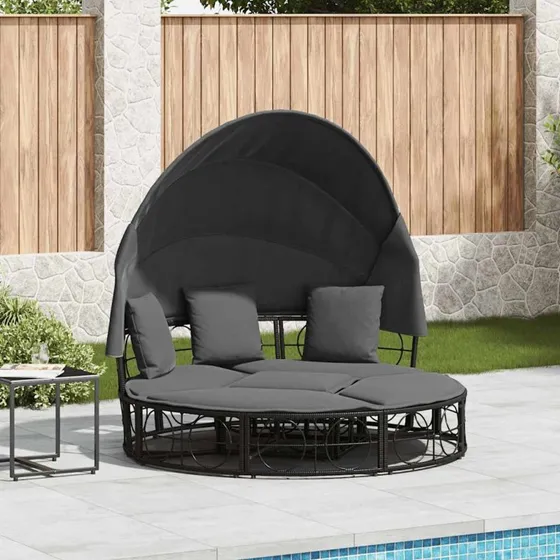 vidaXL Udendørs Loungeseng med Tag og Hynder Polyrattan Sort 160 x 151 cm