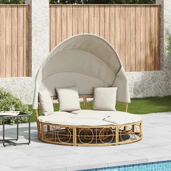 vidaXL Udendørs Loungeseng med Tag og Hynder Polyrattan - Creme, 160 x 151 cm