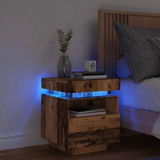 vidaXL Sengebord med LED-lys 40x39x48,5 cm antikt træ