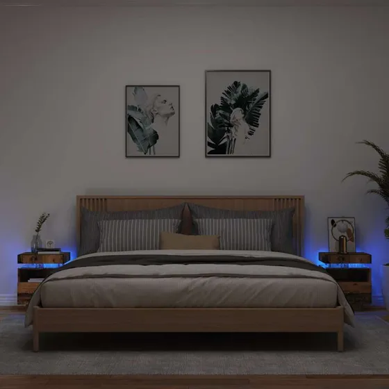 vidaXL Sengeborde 2 stk. med LED-lys 40x39x48,5 cm antikt træ
