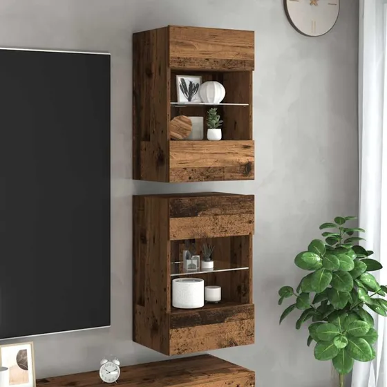 vidaXL Væghængt TV-bord 2 stk. med RGB-LED, 40x30x60,5 cm, antikt træ