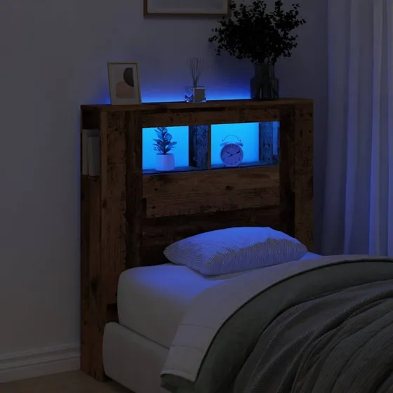 vidaXL Sengegavl med LED 100x18,5x103,5 cm, konstrueret træ, antikt træ