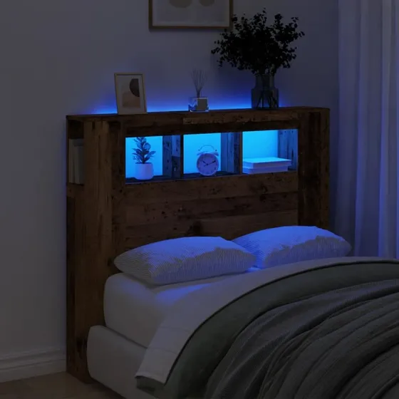 vidaXL Sengegavl med LED 120x18,5x103,5 cm, antikt træ