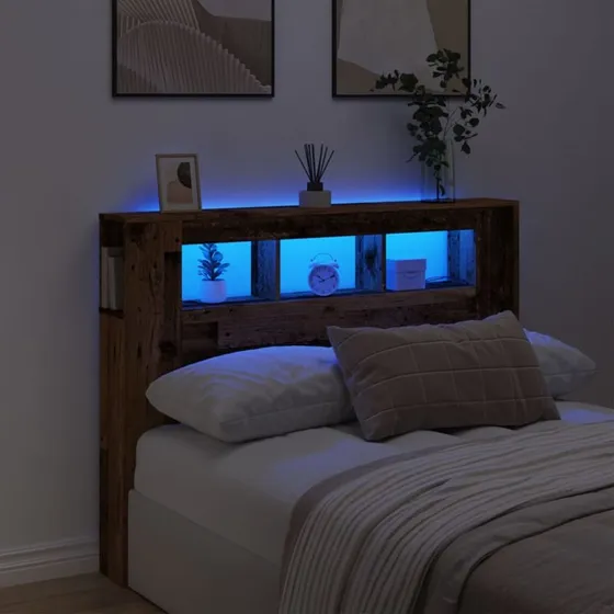 vidaXL Sengegavl med LED 140x18,5x103,5 cm, konstrueret træ, antikt træ