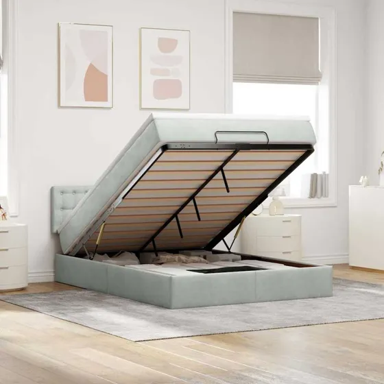 vidaXL Ottomansk sengeramme 140x190 cm lysegrå med fløjl og pocketfjedre