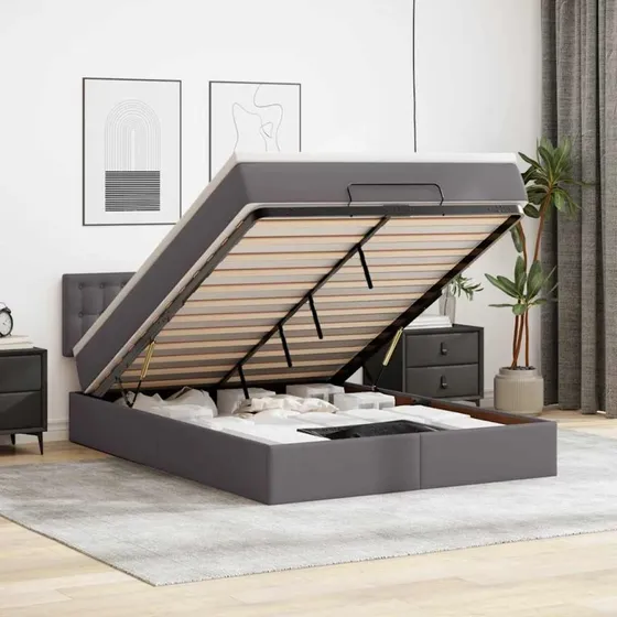 vidaXL Osmannisk Seng 140x200 cm Grå Kunstlæder med Madrasser & LEDs