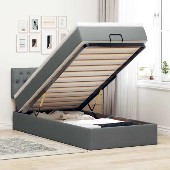 vidaXL ottoman seng 90x200 cm mørkegrå med madras & LEDs