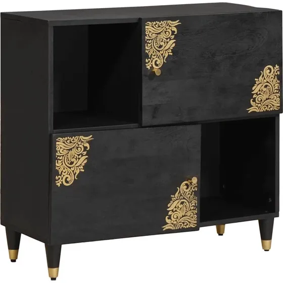 vidaXL Sideboard med hylde, Sort, 80 x 33 x 75 cm, Massivt mangotræ