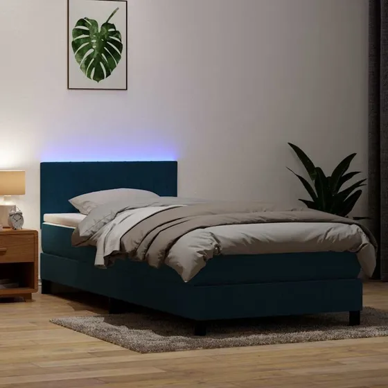 vidaXL Kontinentalseng 80x220 cm mørkeblå fløjl med LED-lys og pocketfjedremadras