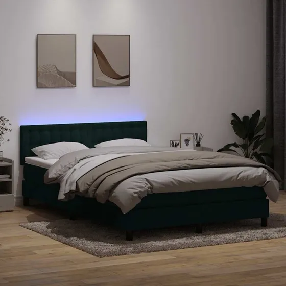 vidaXL Kontinentalseng 160x220 cm fløjl mørkegrøn med LED-lys og pocketfjedremadras