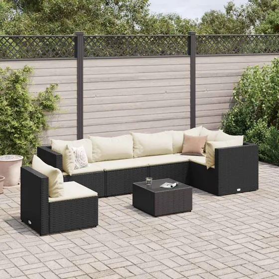 vidaXL 7-delssæt med hynder, polyrattan sort