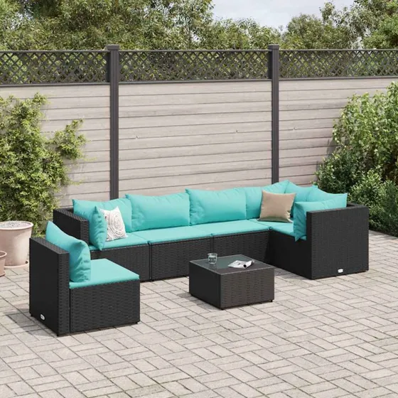 vidaXL 7-delssæt med hynder, polyrattan sort