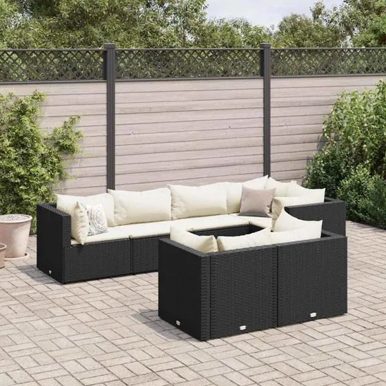 vidaXL 7-delssæt med hynder, polyrattan, sort
