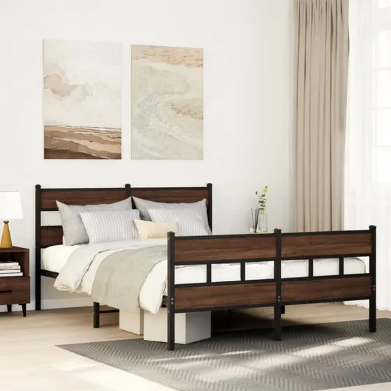 vidaXL Sengeramme 150x200 cm Metal Brun Egetræsfarve