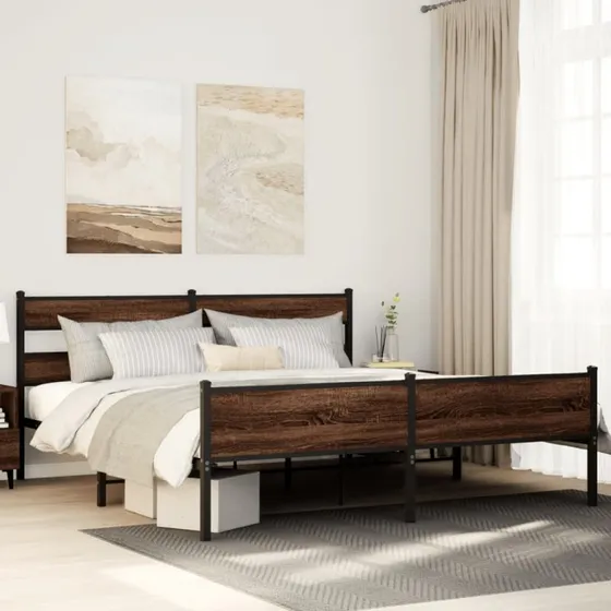 vidaXL Sengeramme 193x203 cm Metal Brun Egetræsfarve