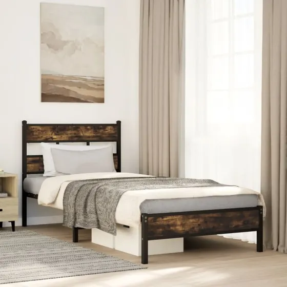 vidaXL Sengeramme 100x200 cm røget eg, metal, med sengegavl