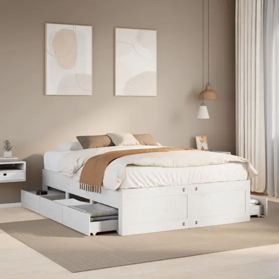 vidaXL Sengeramme 140x200 cm med skuffer, massivt fyrretræ, hvid