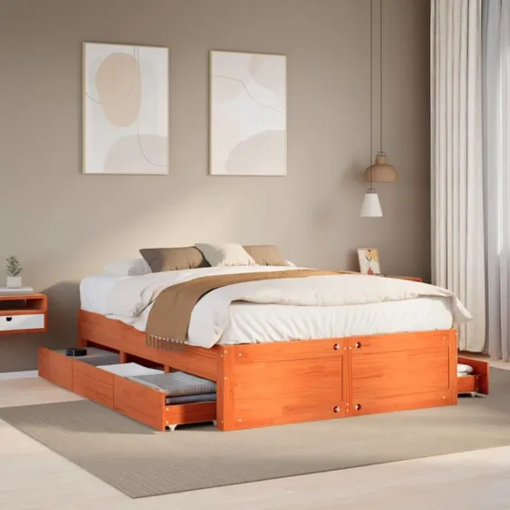 vidaXL Sengeramme 140x190 cm m. skuffer, massivt fyr brun