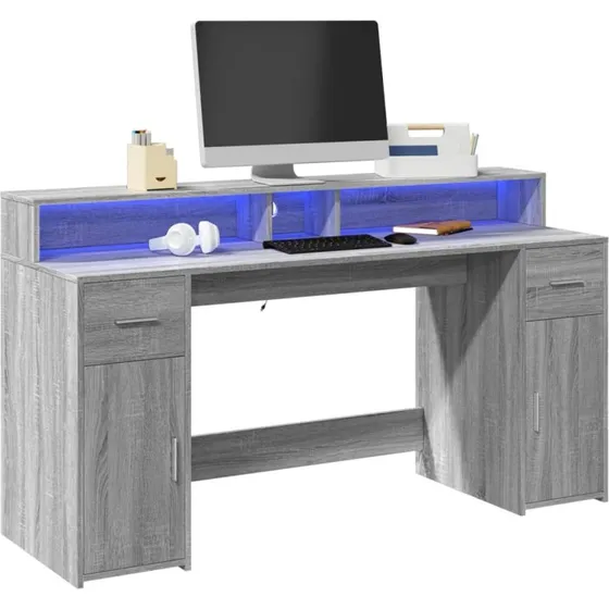 vidaXL Skrivebord 160x55x91 cm Grå Sonoma med LED-lys