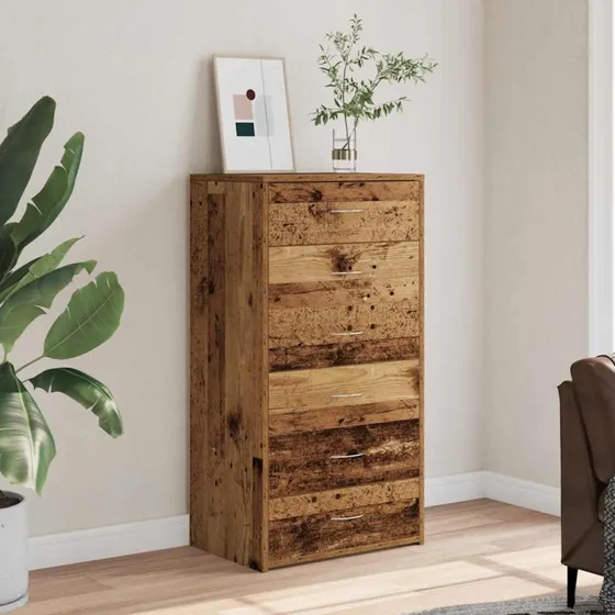 vidaXL Kommode med 6 Skuffer 50x34x96 cm, Konstrueret Træ, Gammelt Træ