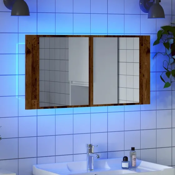 vidaXL LED-spejlskab 90x12x45 cm antikt træ