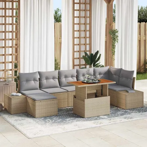 vidaXL Havesofa Sæt 8 Dele Beige og Grå Poly Rattan og Akacietræ