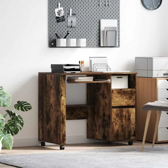 vidaXL Skrivebord med Hjul 91 x 50 x 77 cm Røget Eg Konstrueret Træ