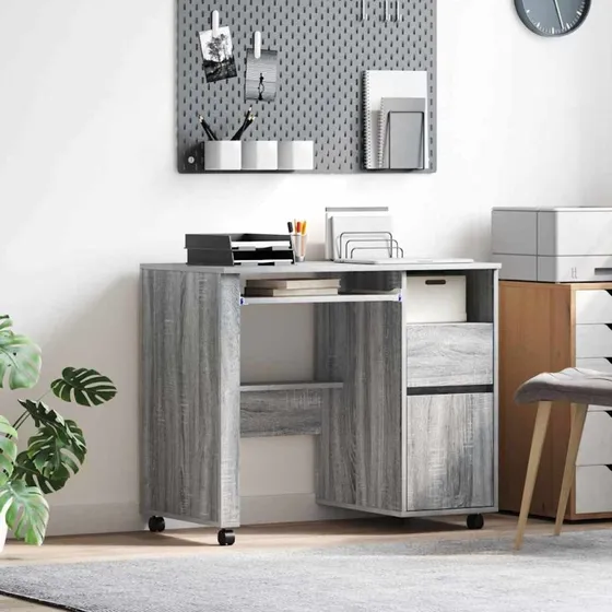 vidaXL Skrivebord med Hjul Grå 91 x 50 x 77 cm Konstrueret Træ