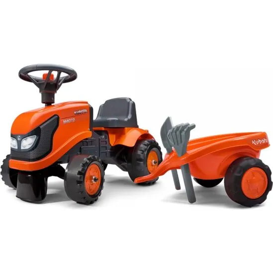 FALK Kubota ride-on traktor med trailer, skovl og rive (orange)