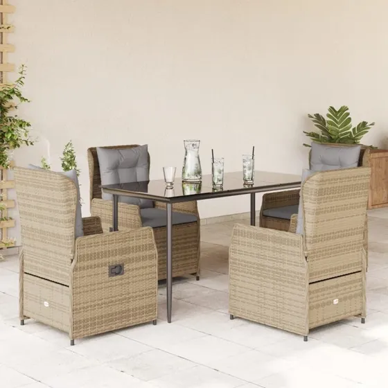 vidaXL 5-deligt spisebordssæt med hynder i polyrattan, beige