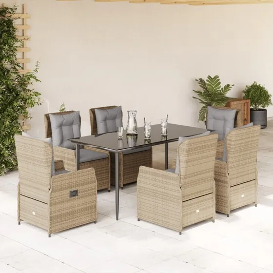 vidaXL 7-delssæt polyrattan beige med justerbart ryglæn