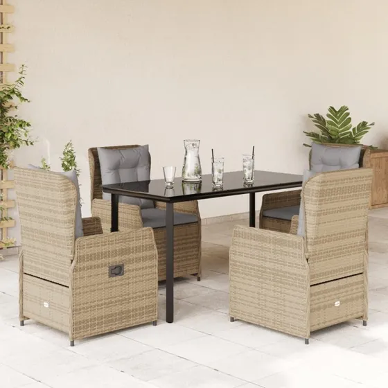 vidaXL 5-deligt spisebordssæt med hynder i polyrattan, beige, 140 x 70 x 74 cm