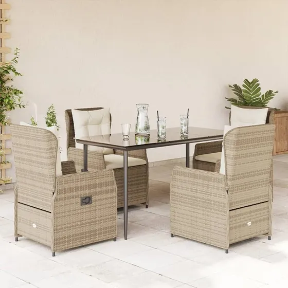 vidaXL 5-deligt spisebordssæt med hynder i polyrattan, beige