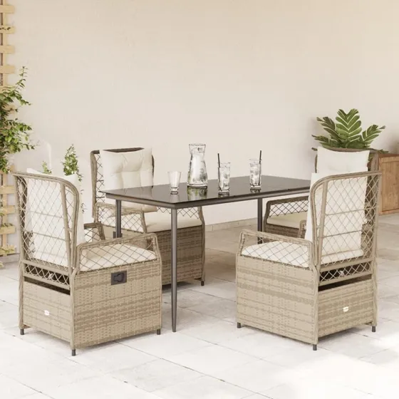 vidaXL 5-deligt spisebordssæt med hynder i polyrattan, beige