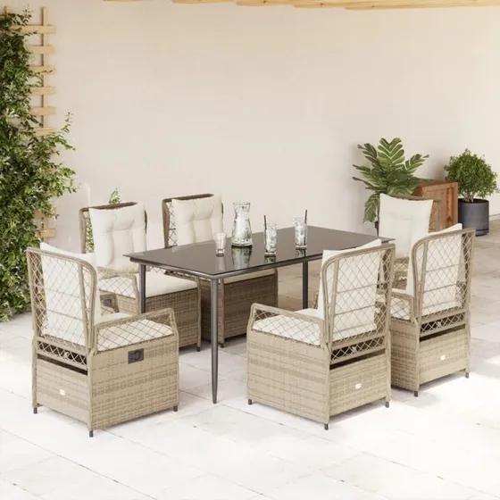 vidaXL 7-deligt spisebordssæt med hynder i polyrattan, beige
