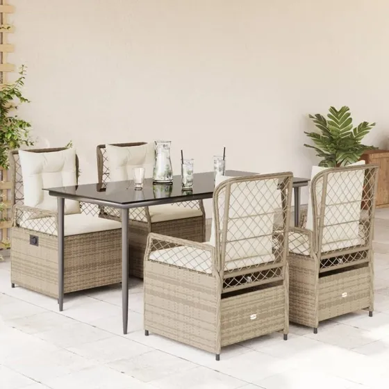 vidaXL 5-deligt spisebordssæt med hynder i polyrattan beige