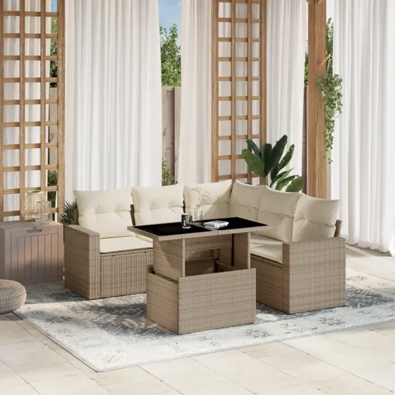 Sofasæt Til Haven 6 Dele Med Hynder Polyrattan Sort - Beige og Cremefarvet