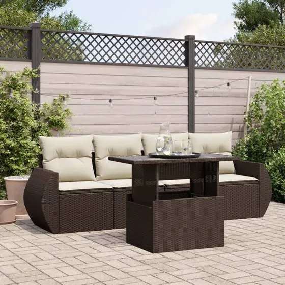 vidaXL 5-delssofasæt med hynder polyrattan brun
