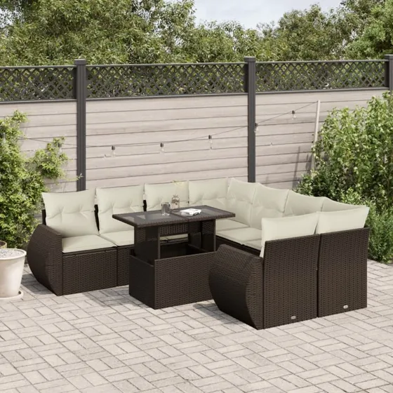 vidaXL 9-delers havemøbelsæt med hynder i polyrattan brun