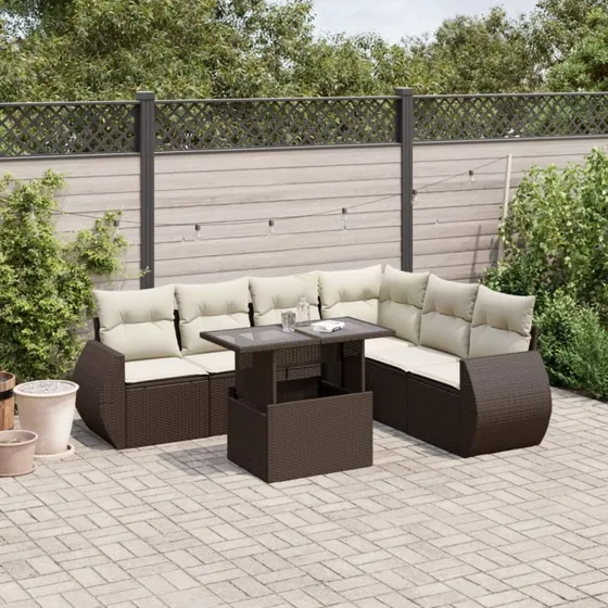 vidaXL 7-delssofasæt med hynder polyrattan brun